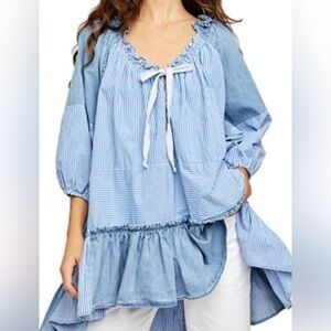 Free People Keegan Tunic Dress Blue White Ruffled-Hem Patchwork Denim Stripe